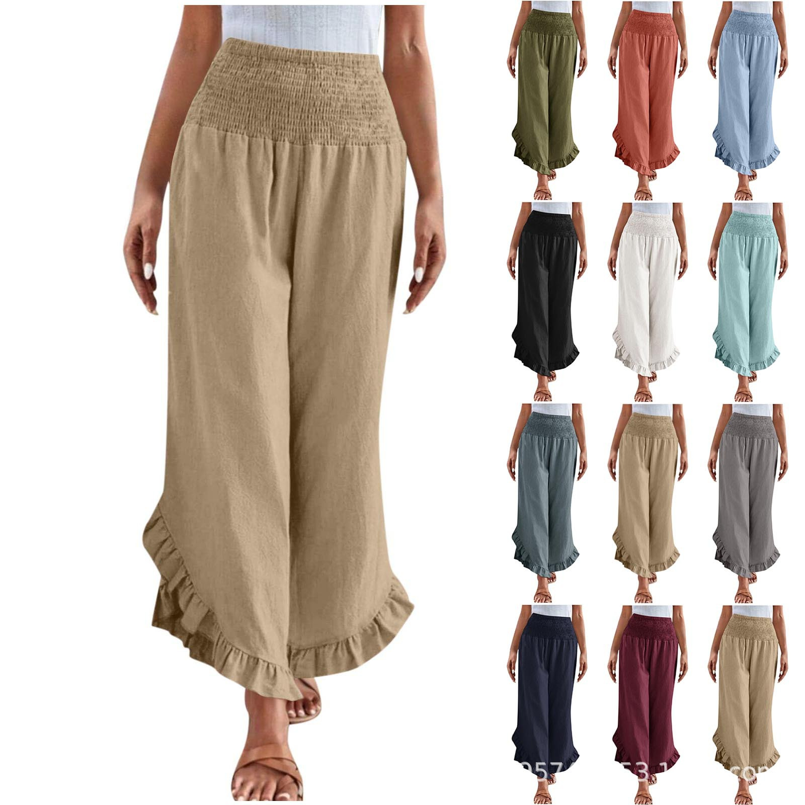 Womens High-waisted Asymmetrical-hem Cotton-linen Relaxed-fit Casual Pants