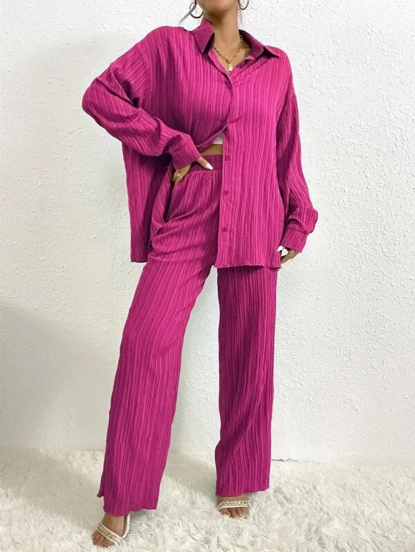 Women's Shirt Collar Loose Cardigan Long sleeve Suit Rose Red - Shop at LoveMi