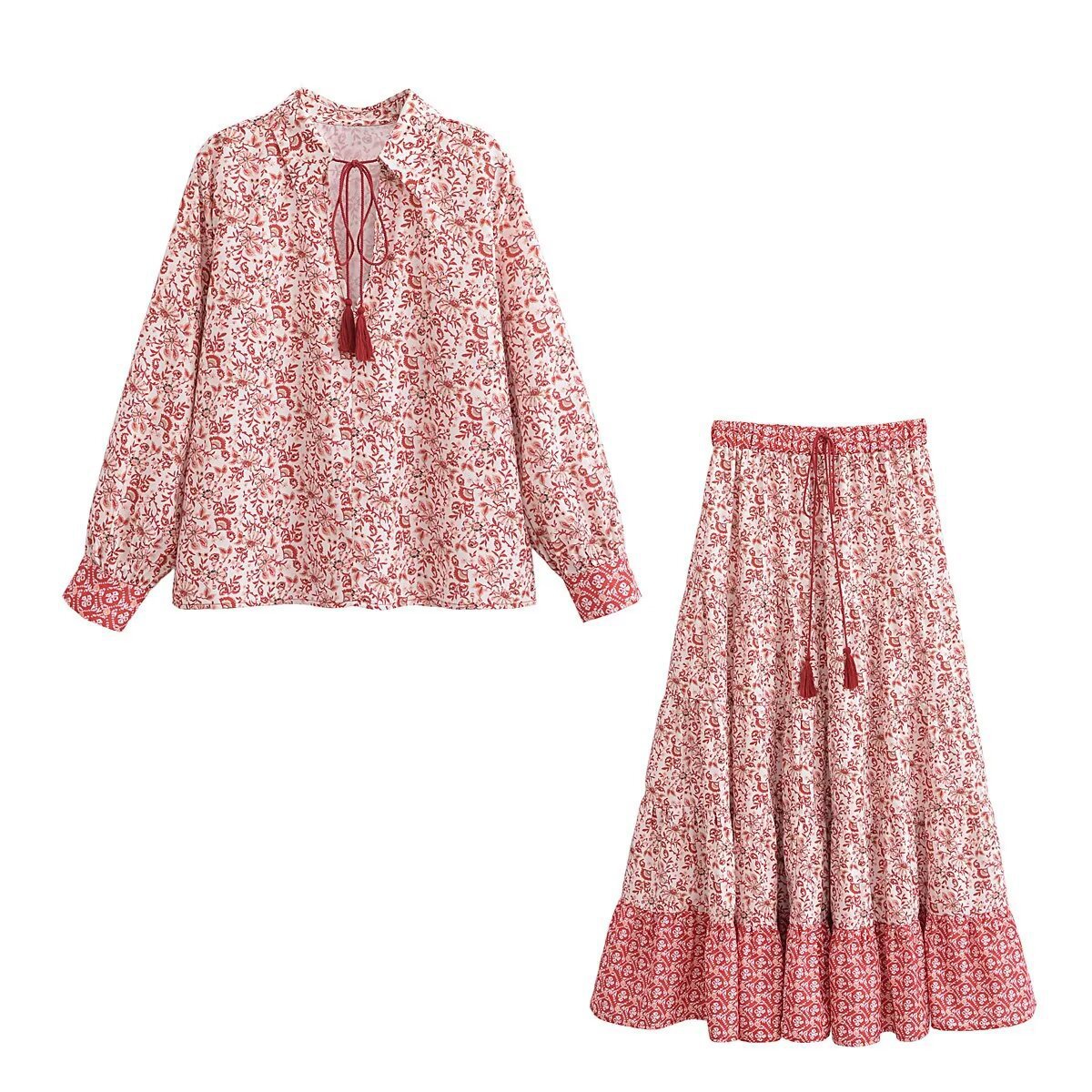 Printed Pullover Strap Long Sleeve Shirt Lace-up Suit Women