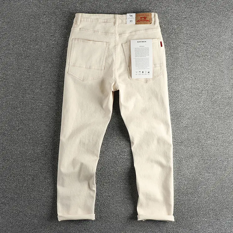 Vintage Raw Creamy-white Fabric Washed Jeans