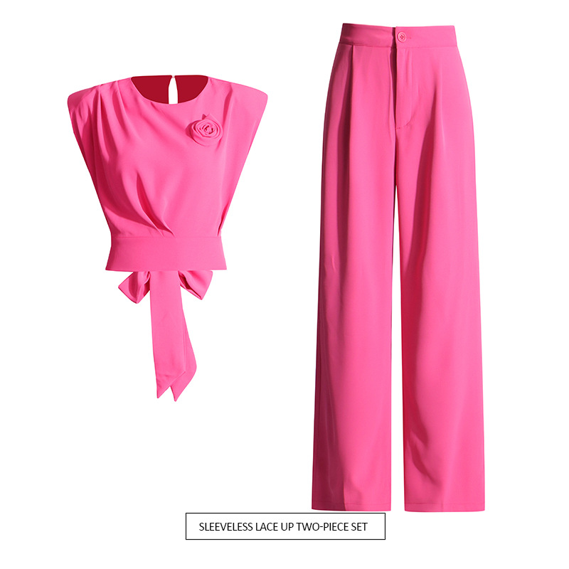 Casual Two-piece Suit Sleeveless Bow Short Top High Waist Straight Pants Suit