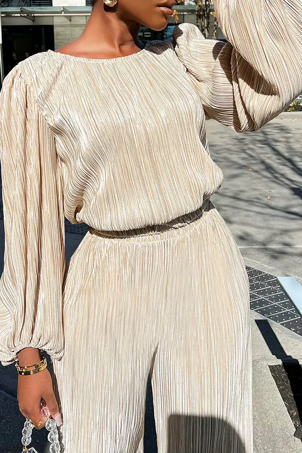 Women's Home Casual Elegant Loose Pleated High Elastic Two Pieces Apricot - Shop at LoveMi
