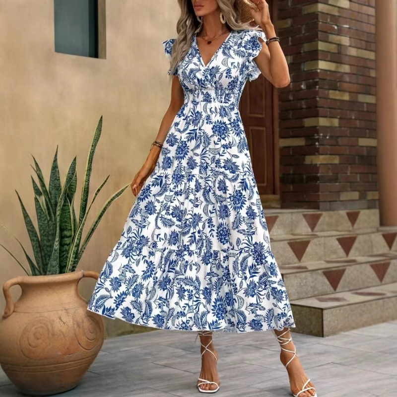 Casual Printed Floral Butterfly Sleeve Fringed Dress Blue - Shop at LoveMi