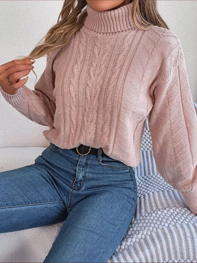 Loose High Collar Twist Long Sleeve Knitted Pullover Sweater Pink - Shop at LoveMi