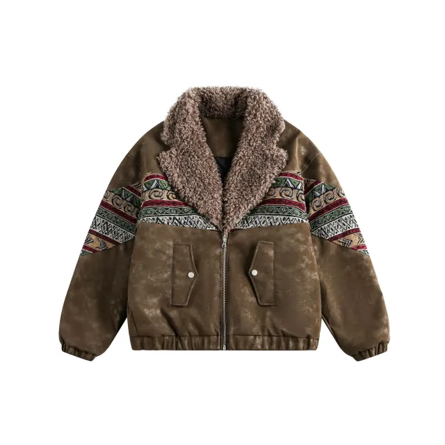 Thermal Cotton Padded Jacket With Spliced PU Leather And Lambswool Lining Brown - Shop at LoveMi