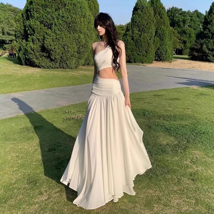 Asymmetric Shoulder And Waist Cut out White Ethereal Long Dress White - Shop at LoveMi