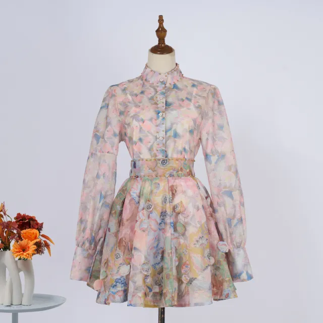 French Retro Stand Collar Printed Long Sleeve Slim fit Top High Waist Skirt Color - Shop at LoveMi
