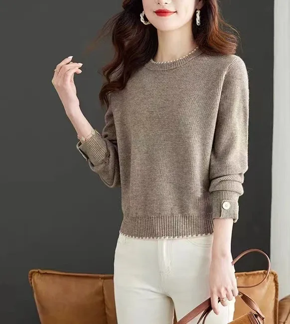Women's Knitwear Simple Crew Neck Pullover Sweater Khaki - Shop at LoveMi