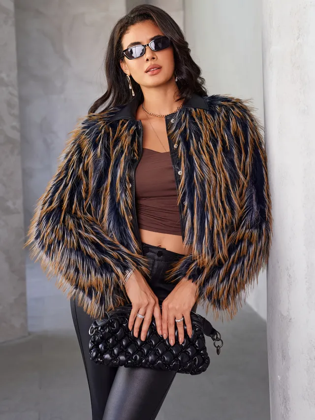 Women's Fur Coat Winter Warm Contrast Color Navy Blue - Shop at LoveMi