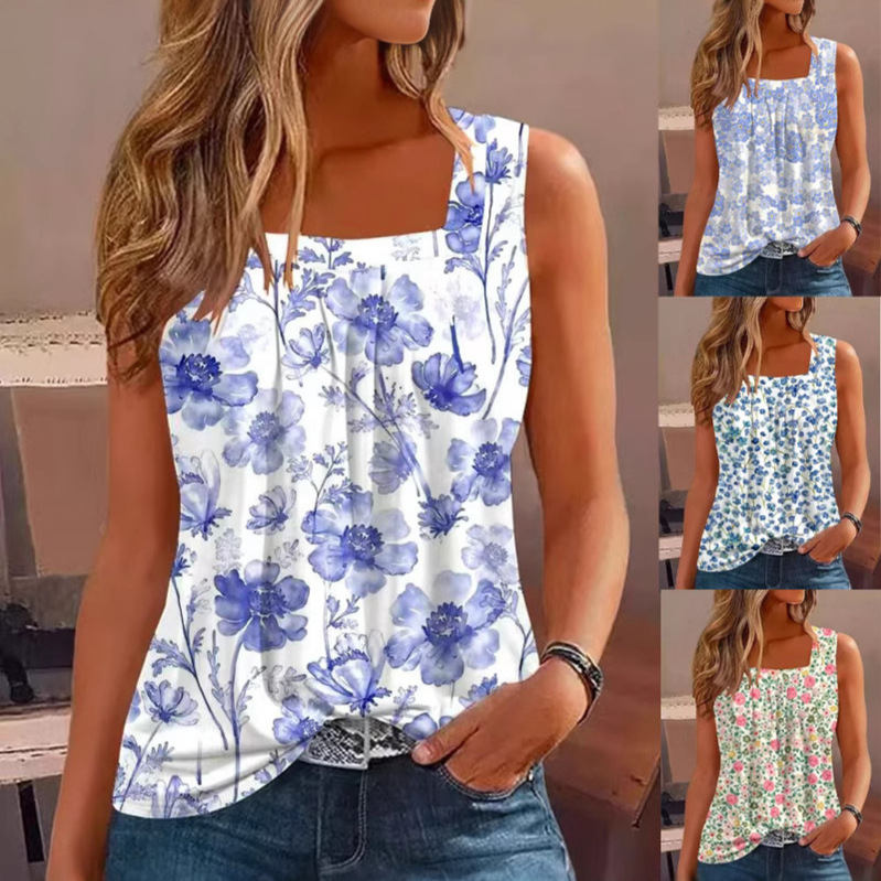 Casual Off-Shoulder Sleeveless Pullover Womens T-Shirt With Digital Print