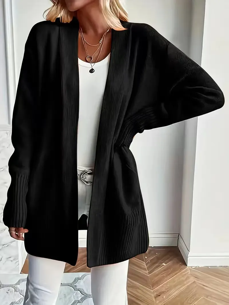 Plus Size Women's Solid Color Knit Casual Simple Cardigan - Black