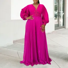 Women's Wide-leg Pleated African Jumpsuit Slightly Elastic - Rose Red - View 1