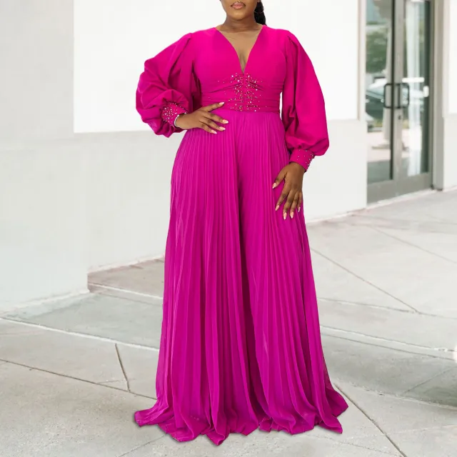 Women's Wide leg Pleated African Jumpsuit Slightly Elastic Rose Red - Shop at LoveMi