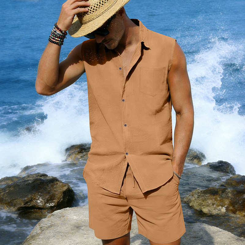 Mens Linen Sleeveless Shirt And Shorts Set