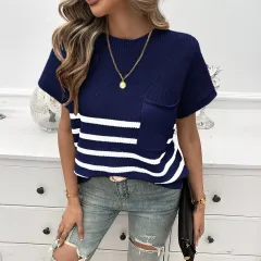 Women's Temperament Leisure Commute Style Printed Striped Pocket Sweater With Short Sleeves - Dark Blue - View 1