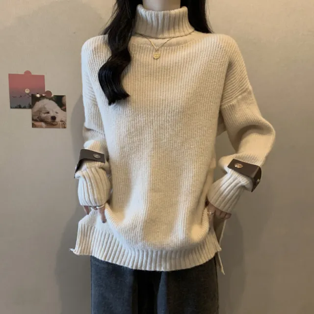 Plus Size Thickened Turtleneck Loose Slimming And All matching Long Sleeve Khaki - Shop at LoveMi