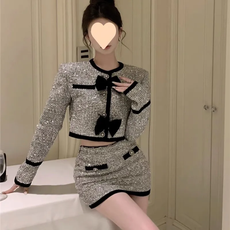 Classic Style Bow Round Neck Long Sleeve Coat Skirt Two-piece Suit