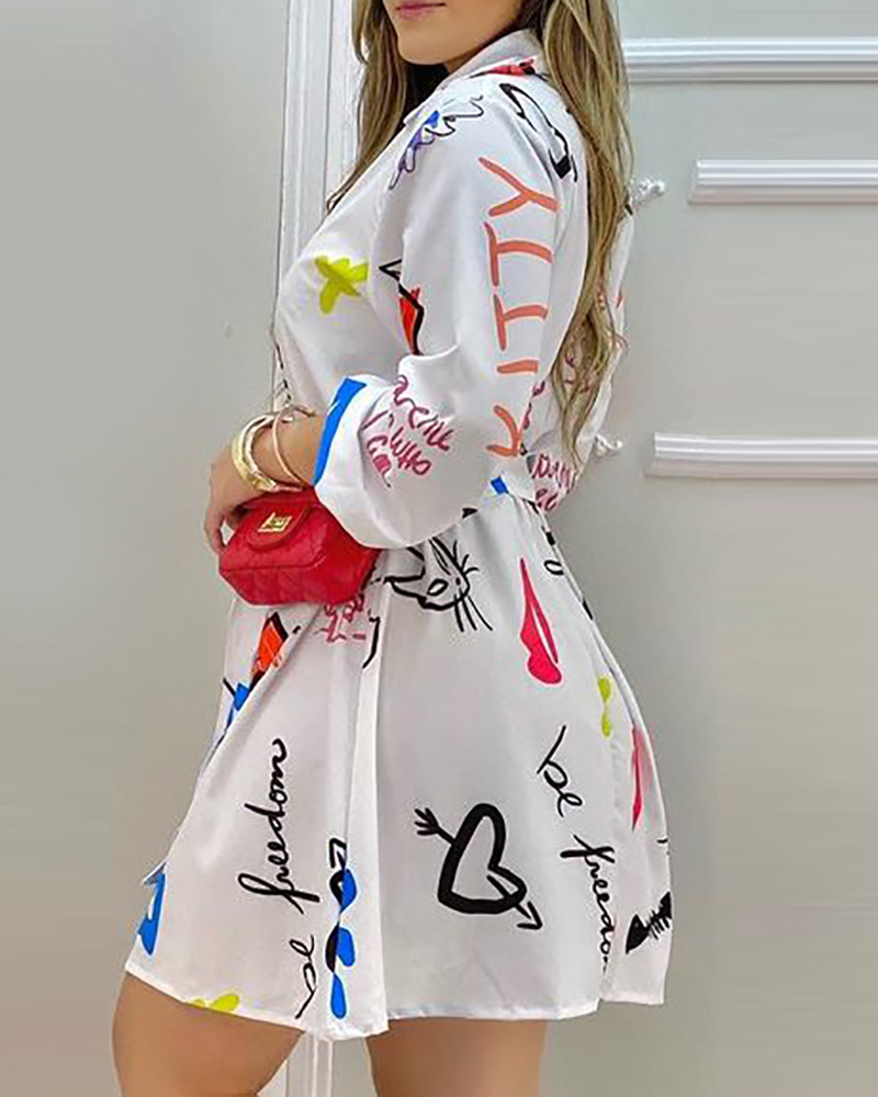 White With Printed Pattern Shirt Skirt Belt