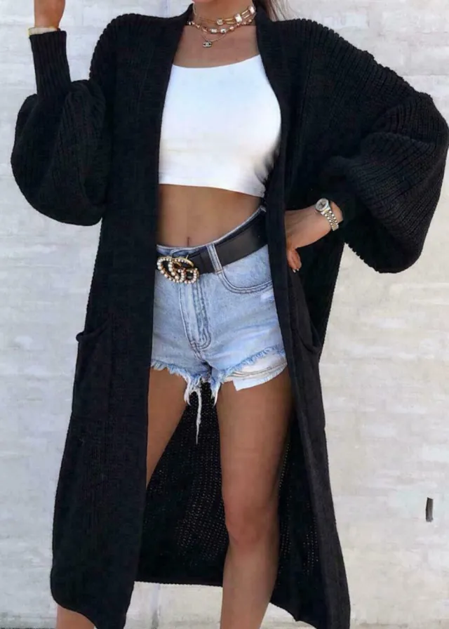 Solid Color Knitwear Pocket Cardigan Mid length Sweater Women's Coat Black - Shop at LoveMi