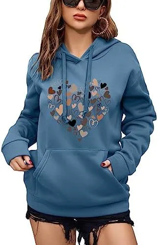 Women's Pattern Hoodie Heart Shape Printed Drawstring Pullover Top Blue - Shop at LoveMi