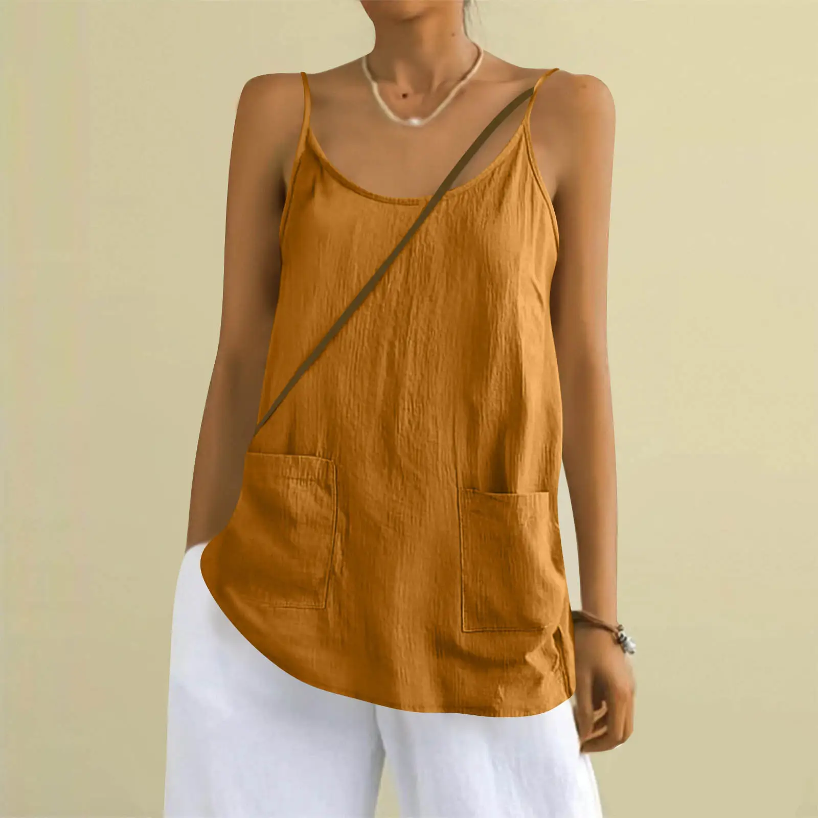 Cotton And Linen Camisole Womens Loose-Fitting Top With Pockets