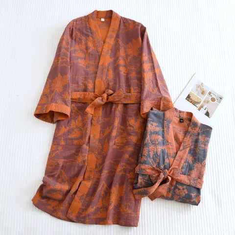 Couple Cotton Loose Bathrobe Lace Women's Double Jacquard Pajamas