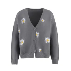 Women's Knitted Sweater Single-breasted King Whyte Embroidered Coat Sweater - Grey - View 1