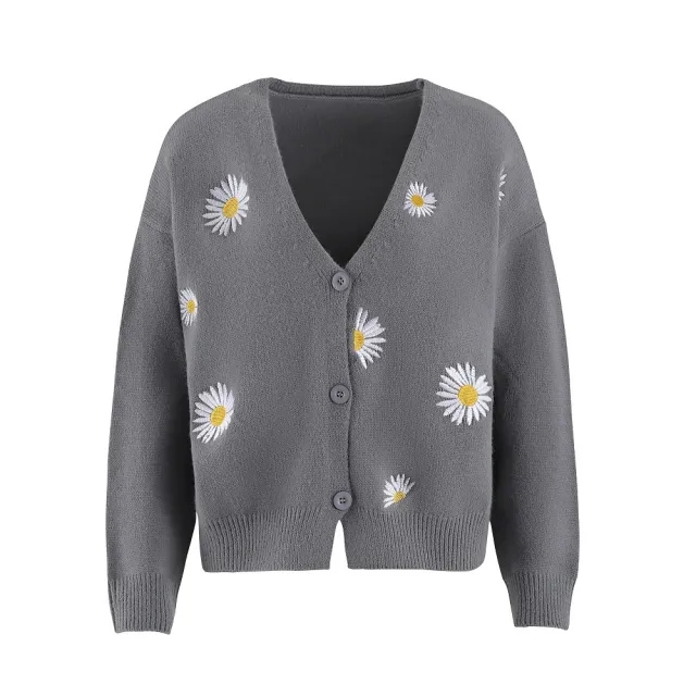 Women's Knitted Sweater Single breasted King Whyte Embroidered Coat Sweater Gray - Shop at LoveMi