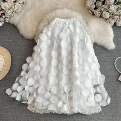 Retro High Waist Mid-length Three-dimensional Flower Mesh Skirt - White - View 1