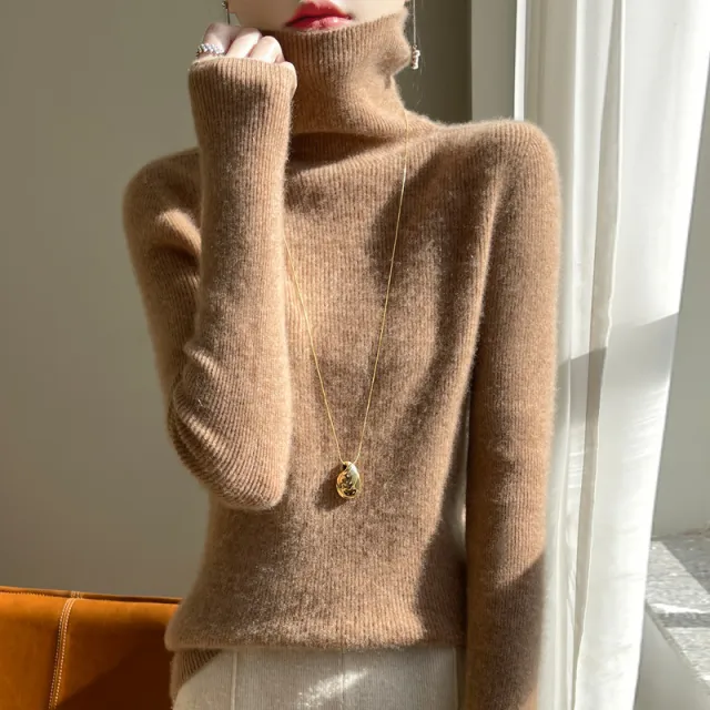 Heaps Collar Striped Women's Sweater Slim fit Turtleneck Golden Camel - Shop at LoveMi