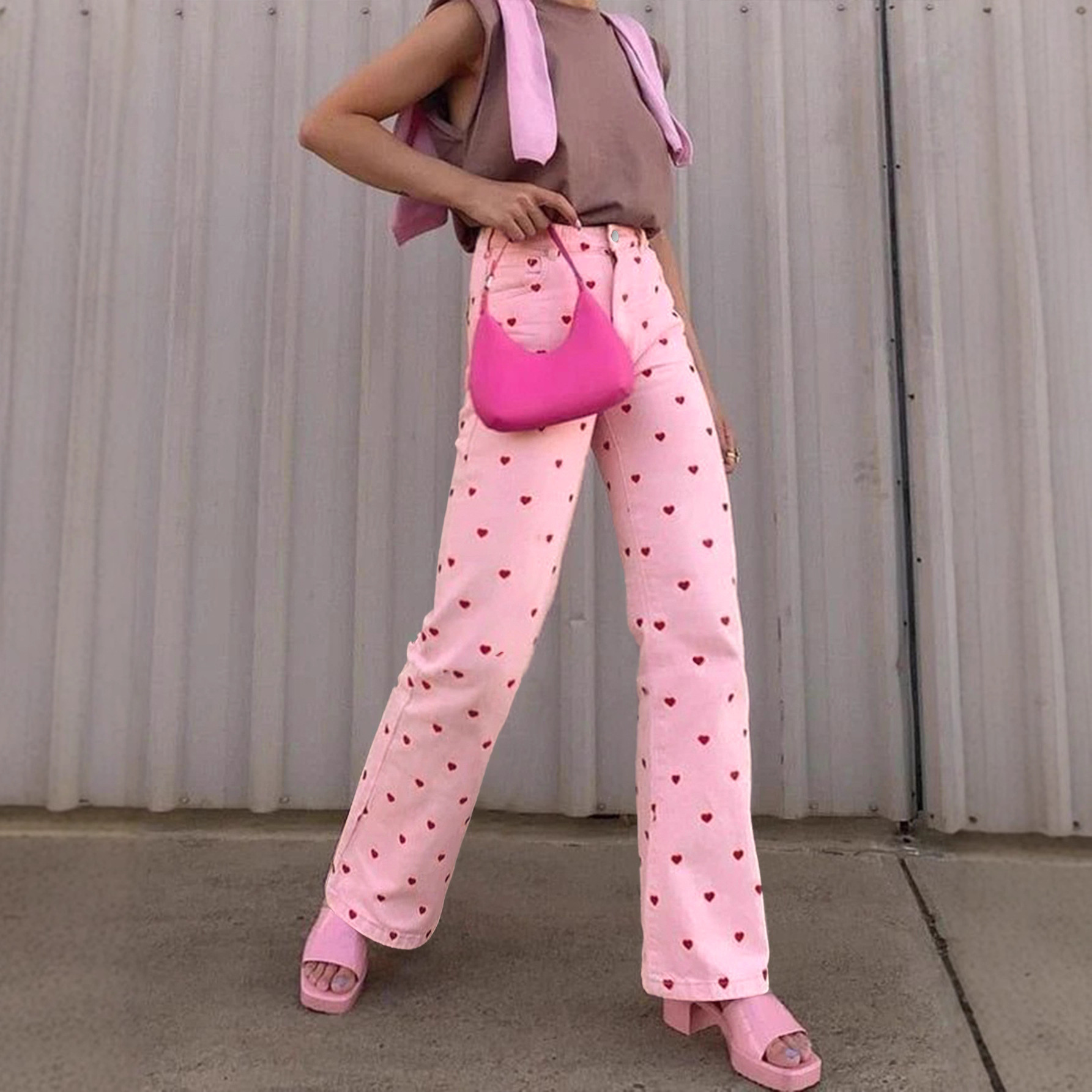 European And American Denim Pink Heart Wide-Leg Pants