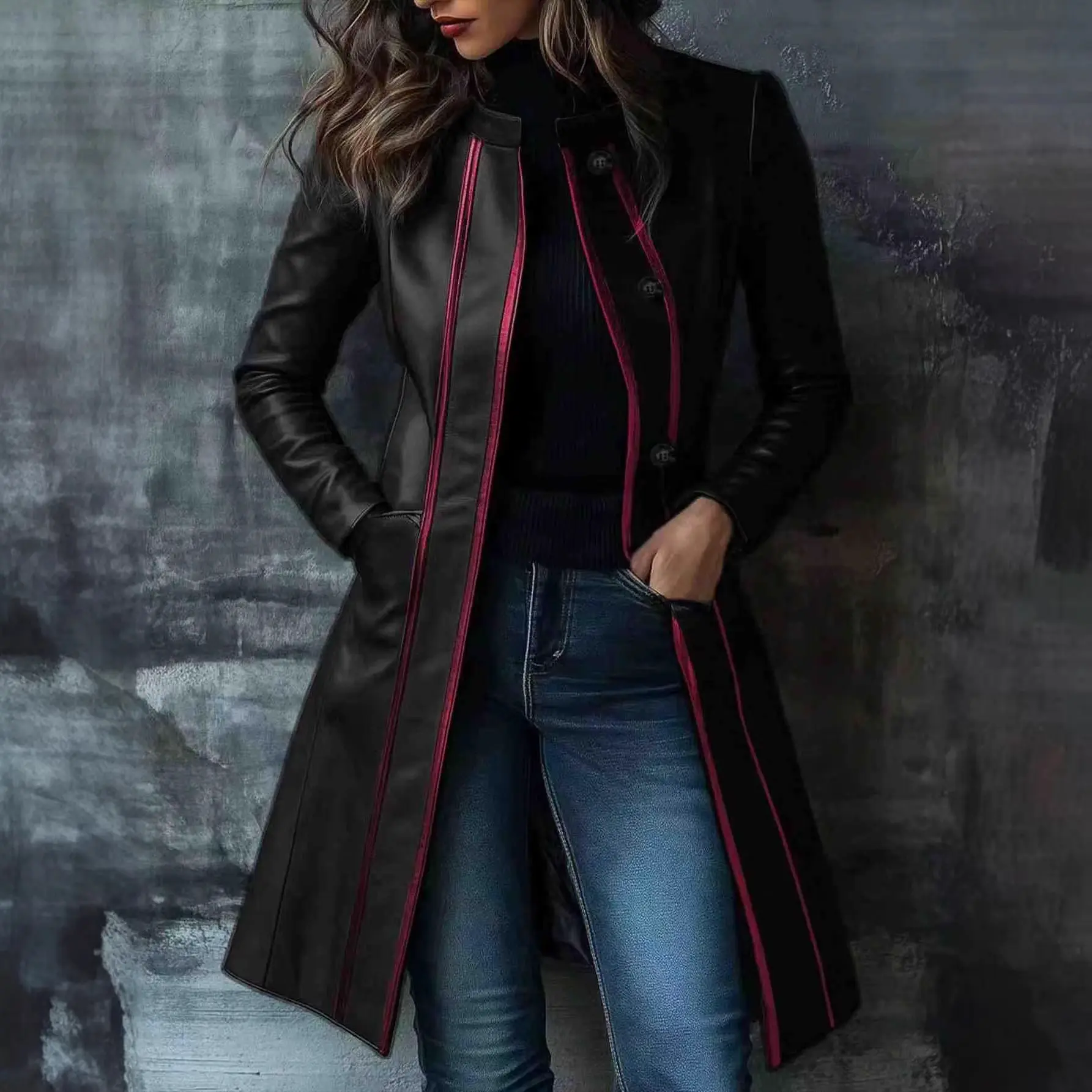 Retro Black Color-block Collar Leather Jacket Trench