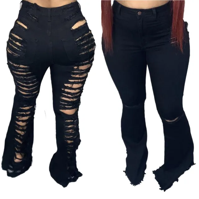 Fashion Trendy Unique Jeans Stretch Plus Size Bell bottom Pants Black - Shop at LoveMi