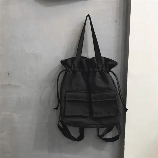 Fashion Work Clothes Drawstring Canvas Raw Shoulder Bag Black - Shop at LoveMi