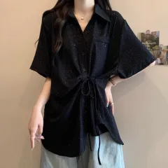 Slim-fit Trendy Mid-length Irregular Tie-waist Short-sleeve Shirt - Black - View 1