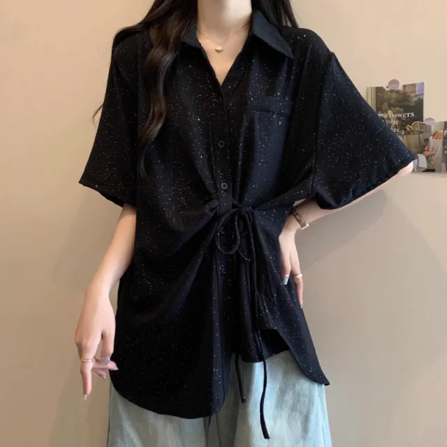 Slim fit Trendy Mid length Irregular Tie waist Short sleeve Shirt Black - Shop at LoveMi