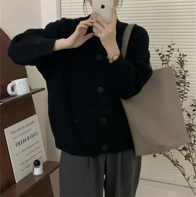 Korean Style Lazy Style Solid Color Single breasted Knitted Cardigan Black - Shop at LoveMi