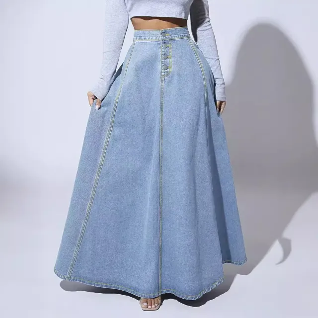 Retro Style Fashionable Large Swing Design Single breasted Denim Skirt Light Blue - Shop at LoveMi