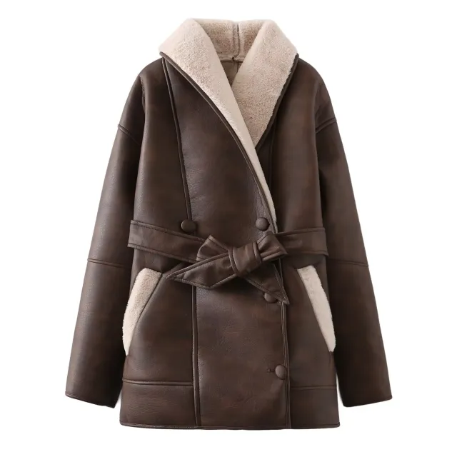 Fashion Cashmere Leather Fur Collar Composite Belt Coat Maroon - Shop at LoveMi