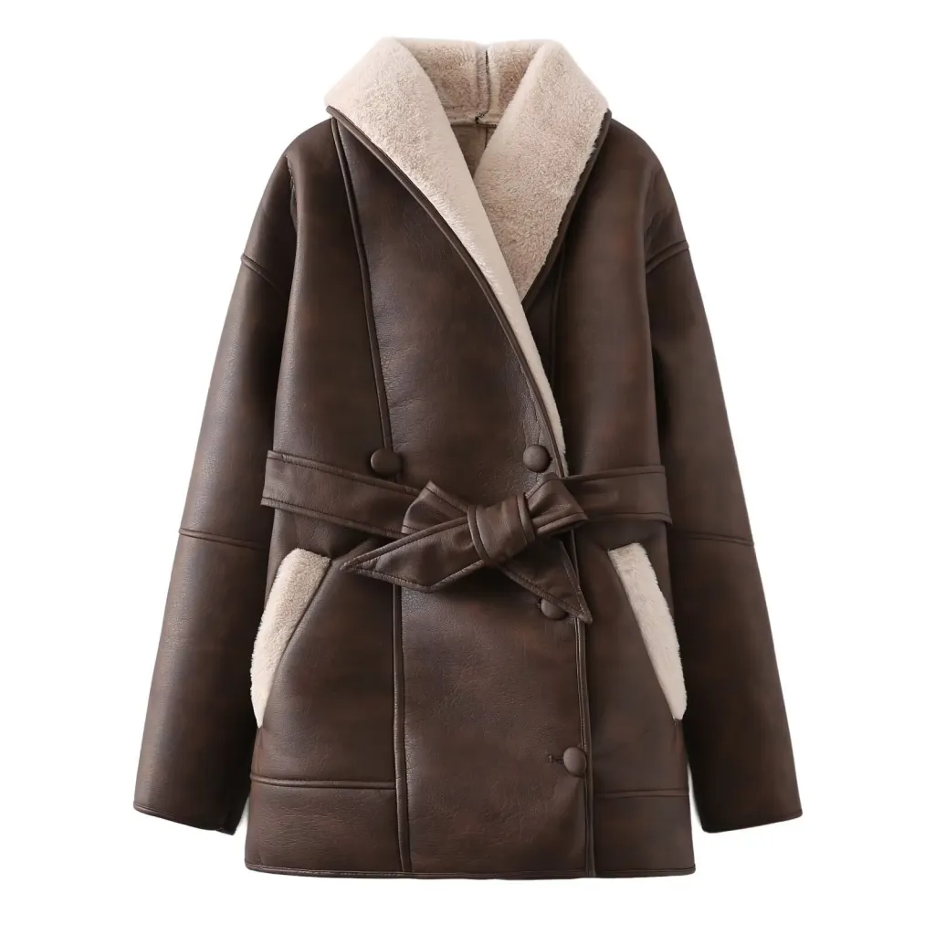 Fashion Cashmere Leather Fur Collar Composite Belt Coat - Maroon