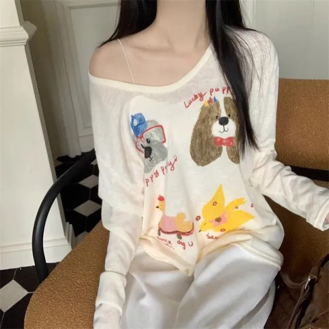 Cartoon Printed Cute Dog Long Sleeve T shirt Loose Apricot Slightly Transparent - Shop at LoveMi