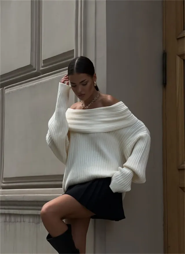 Long Sleeve Loose Solid Color Sweater White - Shop at LoveMi