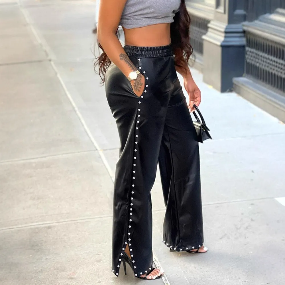 Solid Color Rhinestone Pocket Casual Loose Wide Leg Pants PU Leather Pants - Black