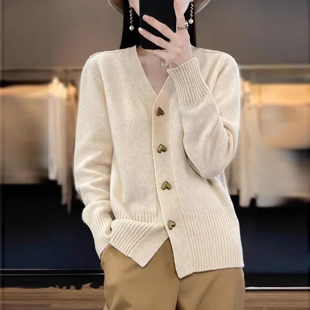 Heart Buckle Solid Color Knitted V neck Cardigan Loose Sweater For Women Beige - Shop at LoveMi