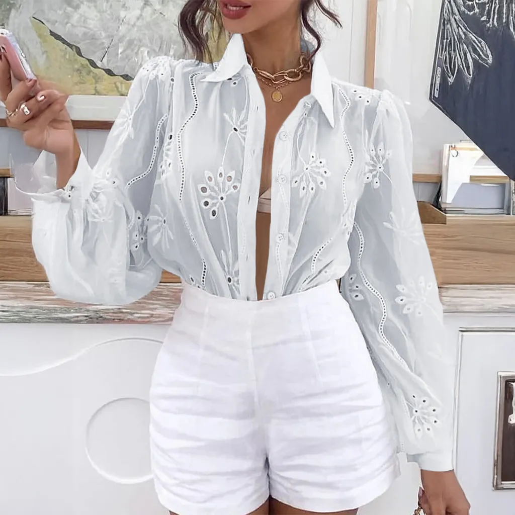 Casual Resort Fashion Hollow-out Long-sleeve Cardigan Blouse - White