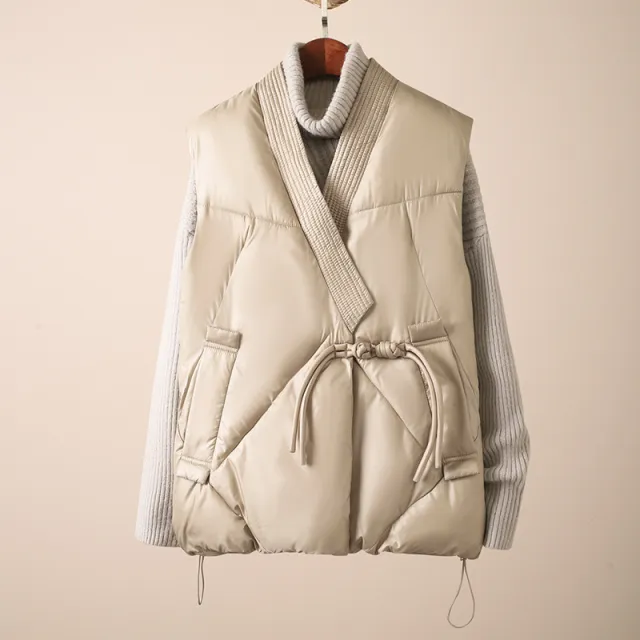 Simple V neck Waistcoat Outerwear Glossy Cotton Vest Jacket Khaki - Shop at LoveMi