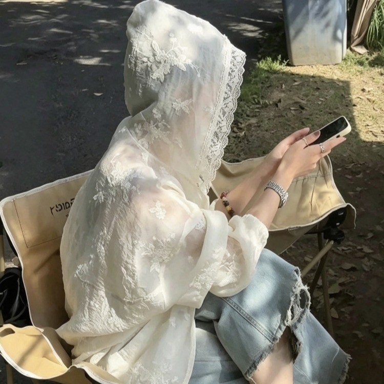 Summer Loose-Fit French-Style Lace Trim Sun-Protection Hooded Jacket