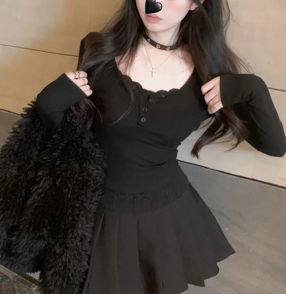 Lace Fake Two-piece Inner Bottoming Shirt Women's Top - Black