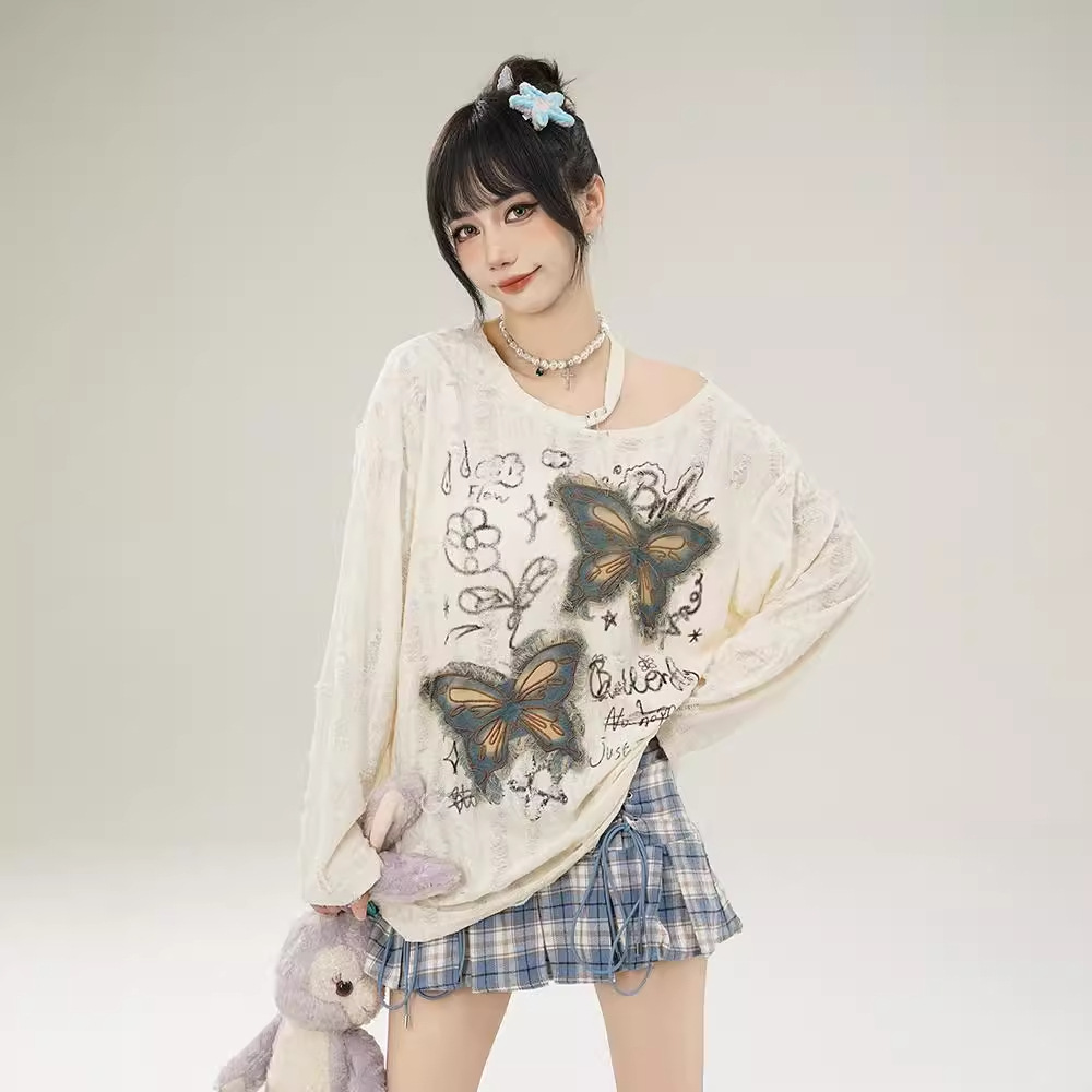 Idle Style Thin Design Sense Ripped Top Loose Comfortable Long Sleeve