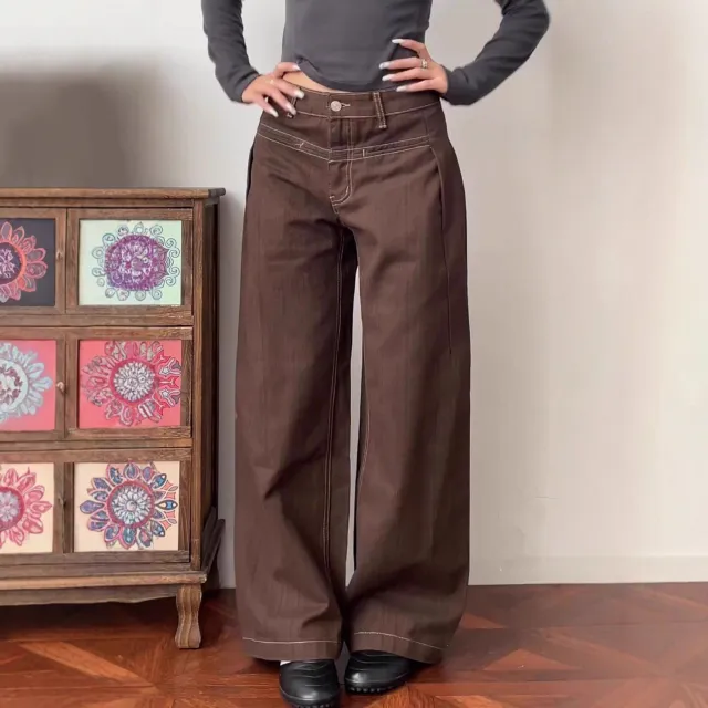 Plus size American style Vintage Vertical striped Embroidered Jeans For Women Red - Shop at LoveMi